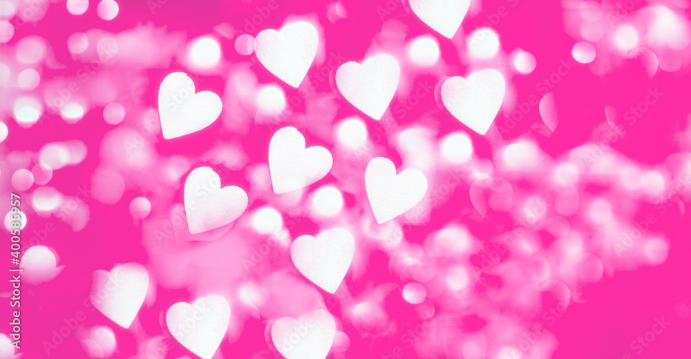 bokeh, abstract bright background of white foam hearts with bokeh from garland bokeh, abstract bright background of white foam hearts with bokeh from garland