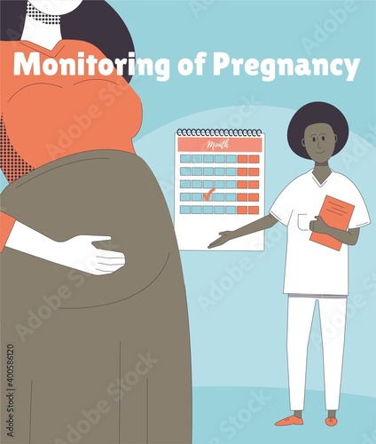 Pregnancy monitoring and medical examinations during pregnancy. Pregnant woman and nurse.