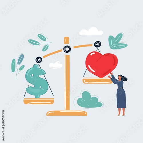 Vector illustration of woman balancing money dollar sign and red heart in big scales.