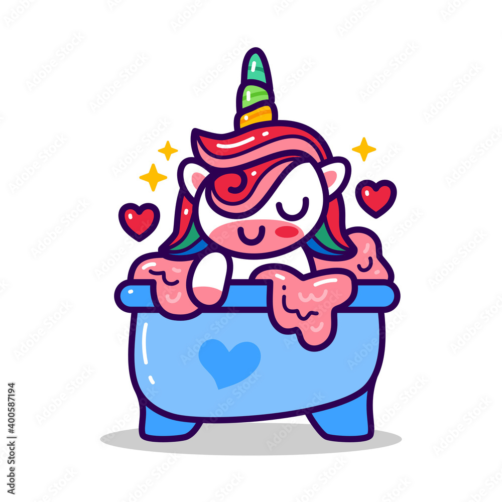 Unicorn in bath tube doodle hand drawing style. animal doodle Unicorn in bath tube doodle hand drawing style. animal doodle