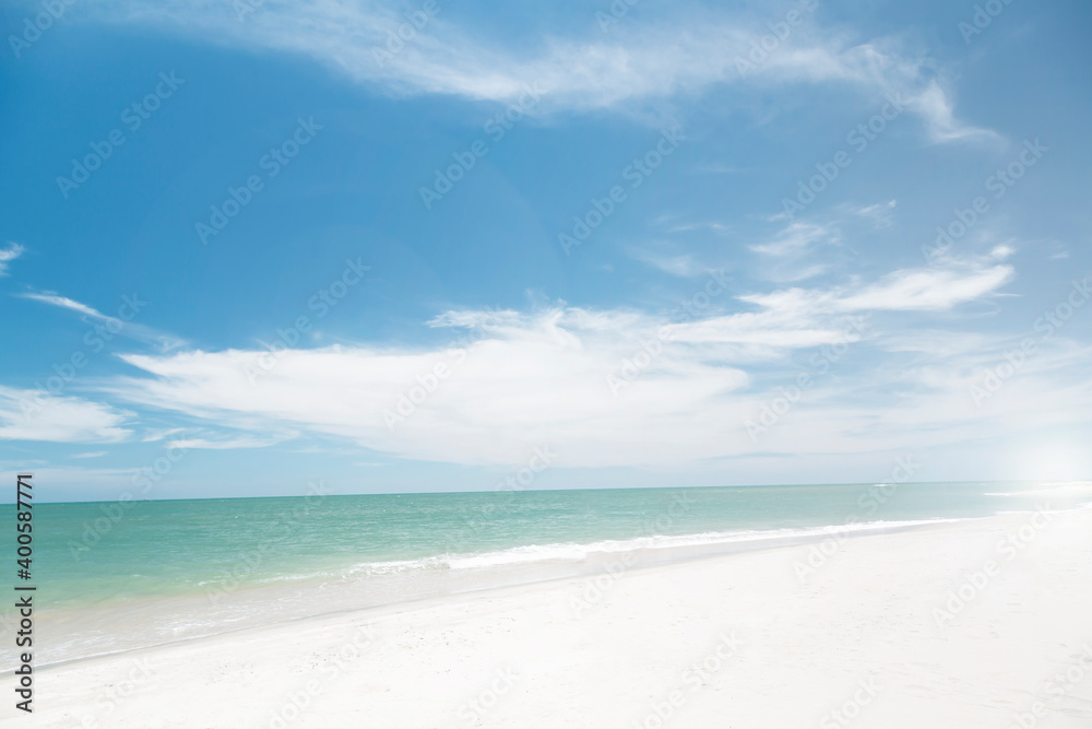 Obraz premium Summer Blue Sky and white clouds background. Beautiful clear cloudy in sunlight spring season. vivid cyan cloudscape in nature environment. Outdoor horizon skyline with spring sunshine. 