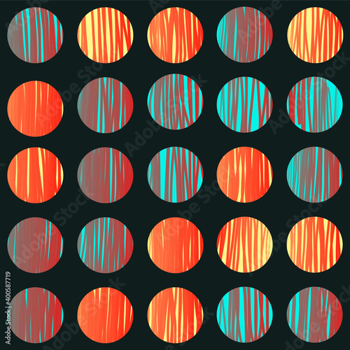 Seamless repeating circles, with vertical lines, grid pattern against a dark background.