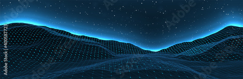 Wireframe landscape. 3d line mountains. Topographic surface. Blue horizon glow. Futuristic vector background