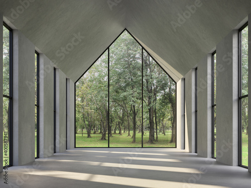 Empty concrete room with nature view 3d render,There are polished concrete floor ,wall and triangle shape ceiling,There are large window look out to see the nature,sunlight shining into the room.