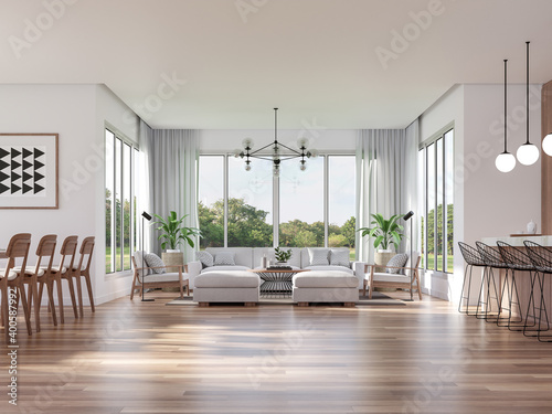 Modern Living  dining room and kitchen with nature view 3d render.The Rooms have wooden floors  decorate with white furniture There are large window Overlooking garden view.