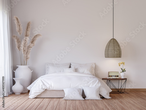 Mininal contemporary style bedroom 3d render,There are wooden floor decorate with white fabric bed set and big white jar with dry reed flower. photo