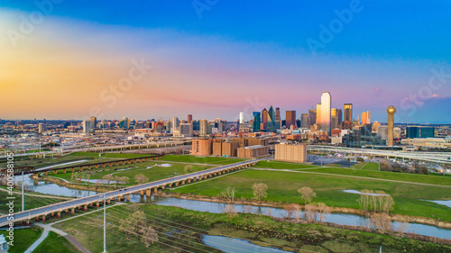 Dallas, Texas, USA Downtown Drone Skyline Aerial Panorama