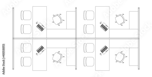 Image of office cubicle and workstation from above in 2D CAD drawing. Drawing in black and white. Employee desks are placed in groups to facilitate work in teams 