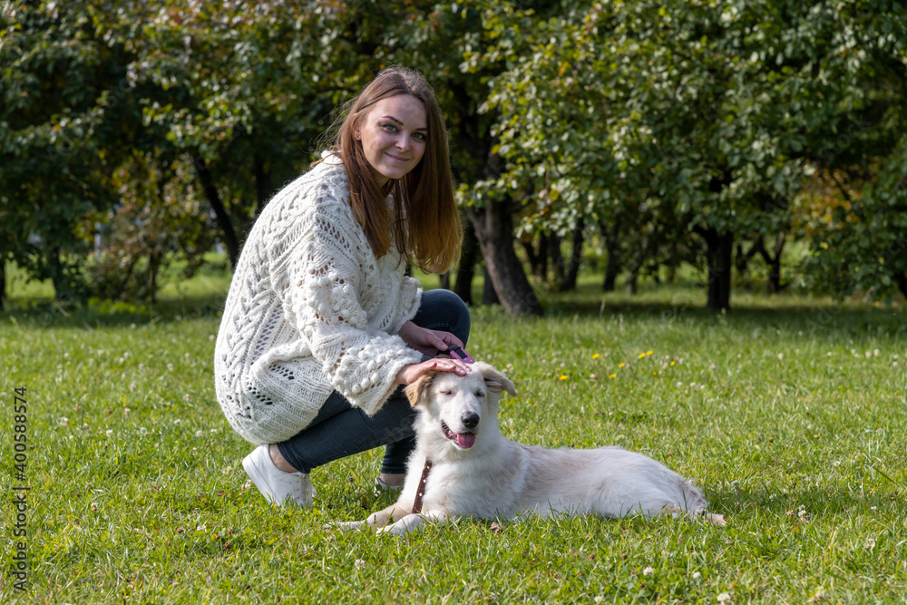 Beautiful caucasian woman in white sweater strokes labrador puppy during dog walking in city park on a sunny day. The puppy is about 5 months old. Pets theme.