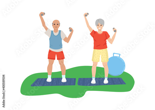 Pensioners man and woman do sports, do exercises, retirement activity, fitness for the elderly. Vector flat illustration.