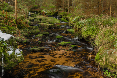 Konsky creek in National park Sumava with cascade and waterfall