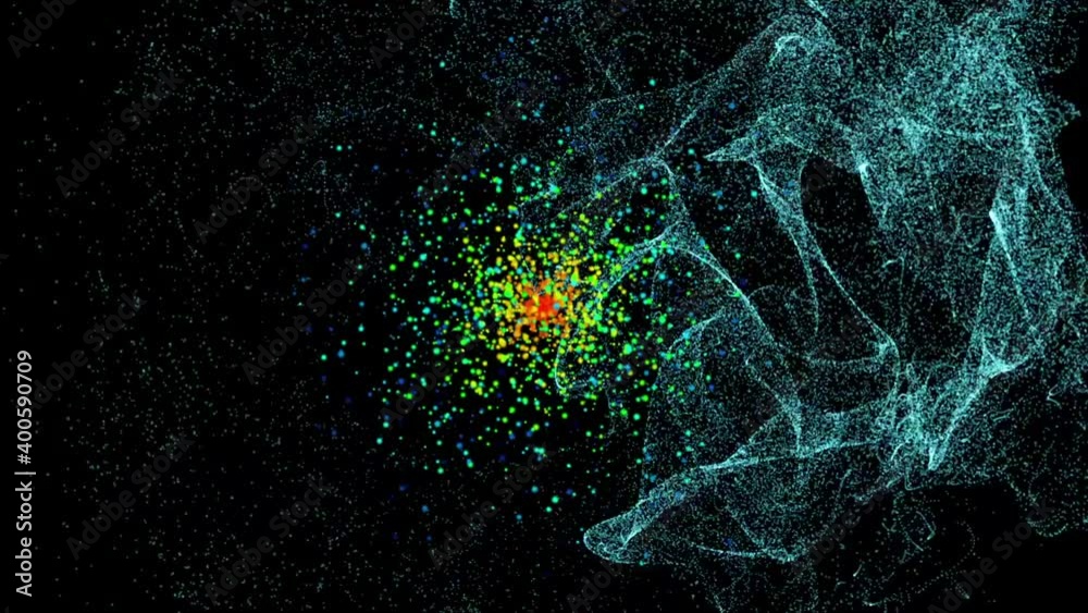 Abstract particles of different colors, an explosion in outer space and a magnetic storm on a black background. 3D illustrations, animation in 4K video. Abstract particles of different colors, an explosion in outer space and a magnetic storm on a black background. 3D illustrations, animation in 4K video.