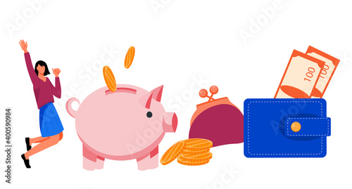 Piggy bank and purses with cheerful woman character as concept of money savings and budget  economy, flat vector illustration isolated on white background. Bank savings and cash transactions.