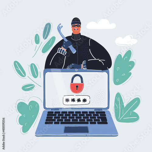 Vector illustration of Hacker. Thief stealing data, passwords from laptop screen. Hacking internet social network concept on dark backround.