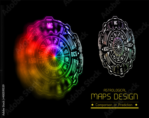 Astrology vector background. Example of the natal chart the planets in the houses and aspects between them