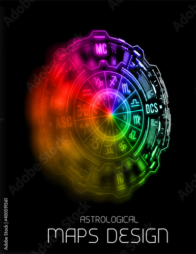 Astrology vector background. Example of the natal chart the planets in the houses and aspects between them
