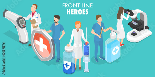3D Isometric Flat Vector Conceptual Illustration of Coronavirus Front Line Heroes, Doctors Team fighting Against COVID-19.