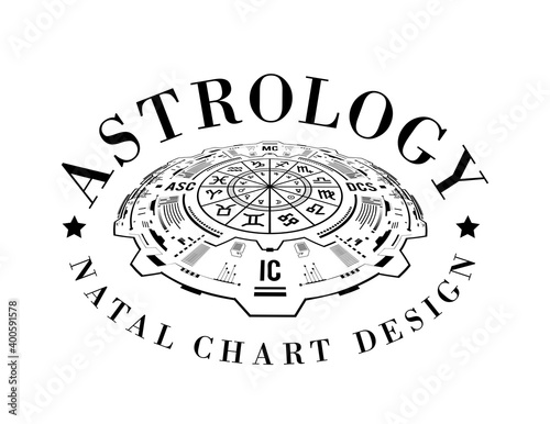 Astrology vector background. Example of the natal chart the planets in the houses and aspects between them
