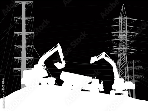 white excavators silhouette in front of electric towers on black
