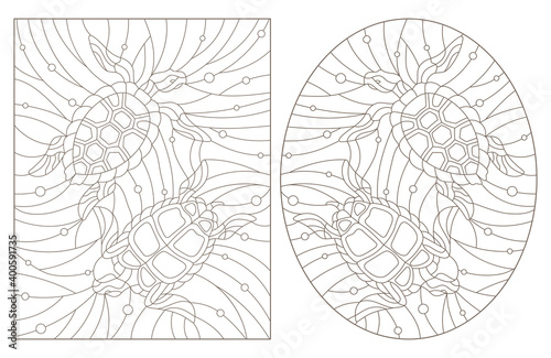 Set of contour illustrations in stained glass style with sea turtles, dark outlines on a white background