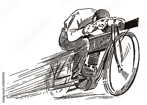 Classic motorcycle rider at high speed, after an illustration from the early 20th century