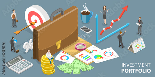 3D Isometric Flat Vector Conceptual Illustration of Building an Investment Portfolio as a Bunch of Assets Like Stocks, Bonds Mutual Fund and so on.