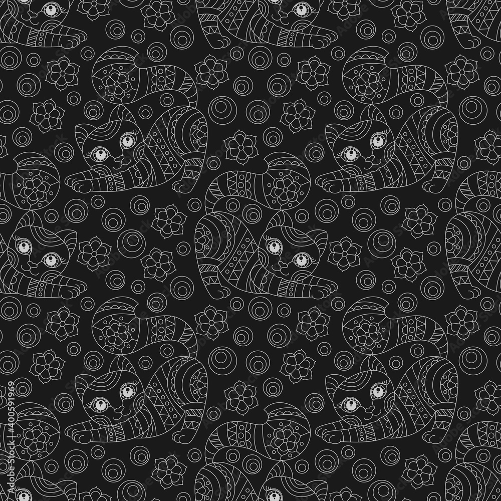 Seamless pattern with contour cats and flowers in stained glass style, light outline cats on a dark background