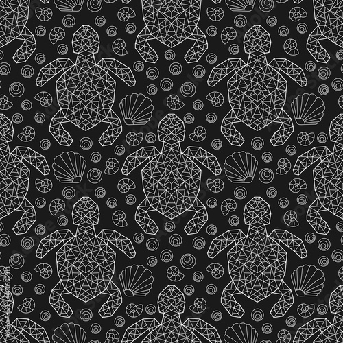 Seamless pattern with  geometric turtles and seashells, light contour animals on a dark background