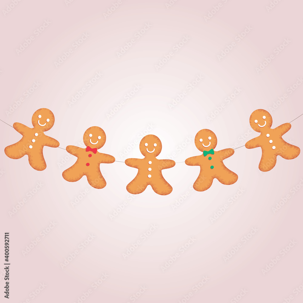 Illustration of smiling gingerbread man garland isolated Illustration of smiling gingerbread man garland isolated