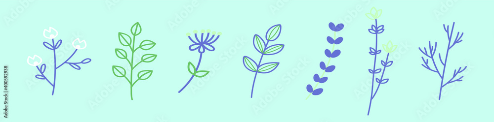set of flower and leaves cartoon icon design template with various models. vector illustration isolated on blue background set of flower and leaves cartoon icon design template with various models. vector illustration isolated on blue background