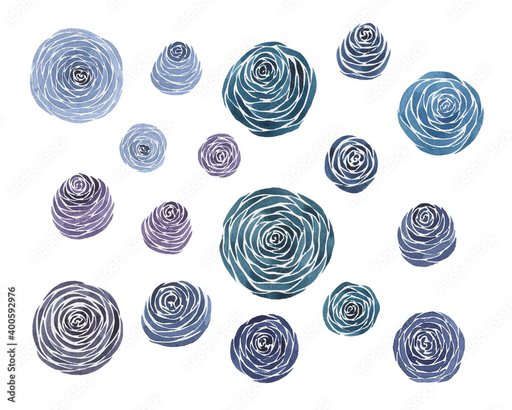 Watercolor blue and purple flat roses set. Hand drawn flowers illustration perfect for wedding invitations, greeting cards, digital scrapbooking and other. Watercolor blue and purple flat roses set. Hand drawn flowers illustration perfect for wedding invitations, greeting cards, digital scrapbooking and other.