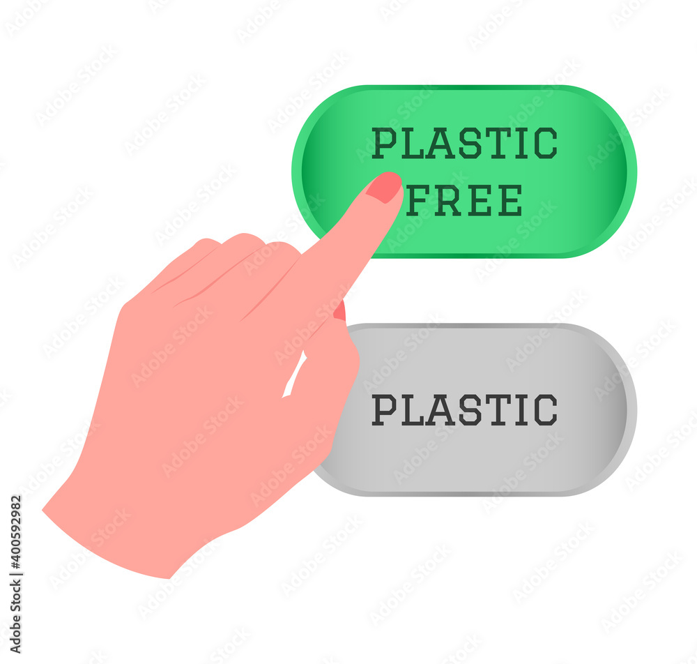 Hand touching, pressing or pointing a Plastic Free button with index finger. Isolated vector illustration on white background. Hand touching, pressing or pointing a Plastic Free button with index finger. Isolated vector illustration on white background.