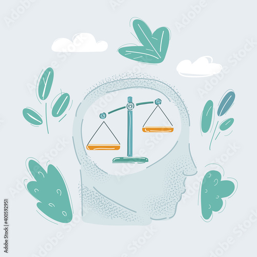 Vector illustration of head taking a decision with scale inside.