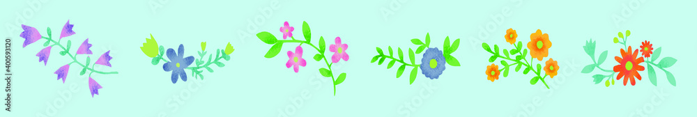 set of flower and leaves cartoon icon design template with various models. vector illustration isolated on blue background set of flower and leaves cartoon icon design template with various models. vector illustration isolated on blue background