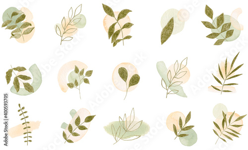 Abstract watercolor beige and green geometric shapes with pencil green line leaves set. Hand drawn modern illustration perfect for social media icon  logo design  label tags  posters and other.