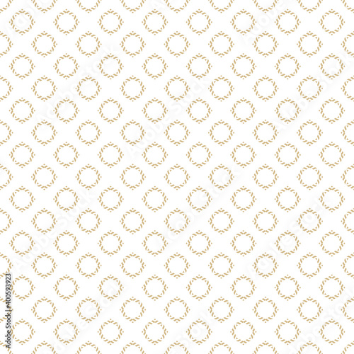Vector ornamental seamless pattern. Gold and white geometric ornament texture with small flower silhouettes, diamonds. Golden abstract floral background. Repeat design for print, wallpaper, website