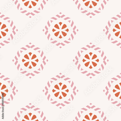 Vector geometric seamless pattern. Elegant ornament texture with flower silhouettes, diamonds. Abstract ornamental floral background in pink, orange and white color. Repeat design for decor, print