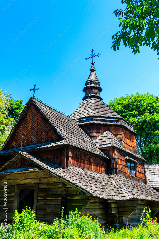 Ancient wooden orthodox church of St. Nicolas in Pyrohiv (Pirogovo) village near Kiev, Ukraine