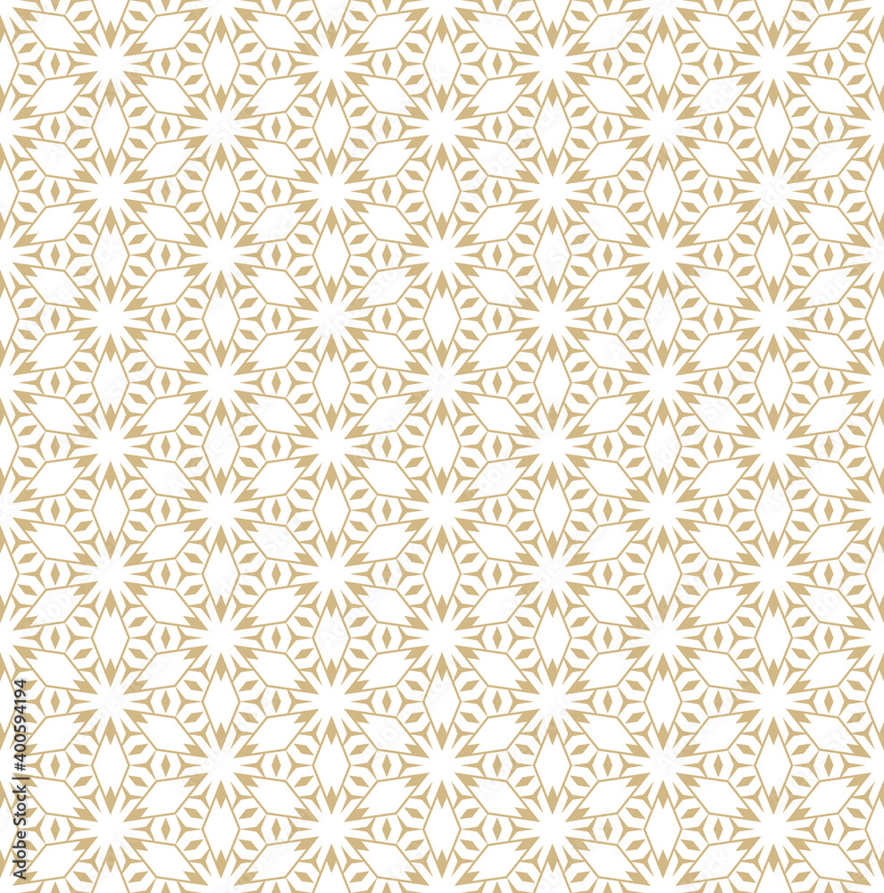 Abstract vector geometric seamless pattern. Golden lines texture, elegant floral lattice, mesh, weave, grid. Oriental style traditional background. Luxury gold ornament, repeat tiles, modern design
