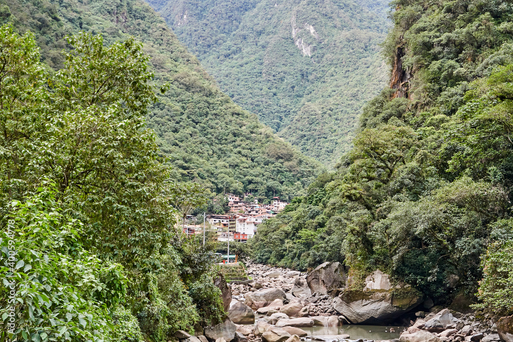 Machupicchu or Machupicchu Pueblo, also Aguas Calientes, is a popular touristic travel destination in the sacred valley of the Inca along the Urubamba river at the foot of the Machu Picchu mountain