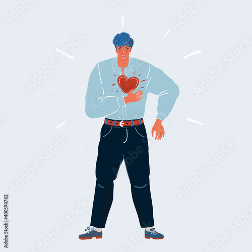 Vector illustration of man with suffering pain from a heart or anxiety attack on white background.