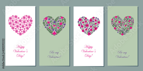 A set of cards with the image of hearts. Congratulations on the lovers' denm. Template for postcards, flyers, banners. photo