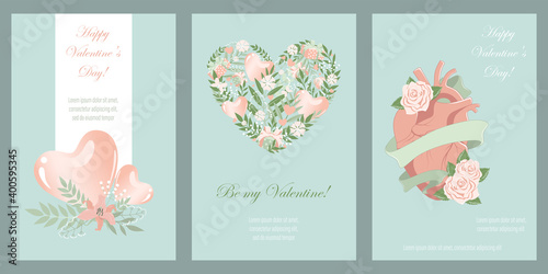 A set of cards with the image of hearts and floral elements. Valentine's Day. Design elements for cards, flyers, banners.