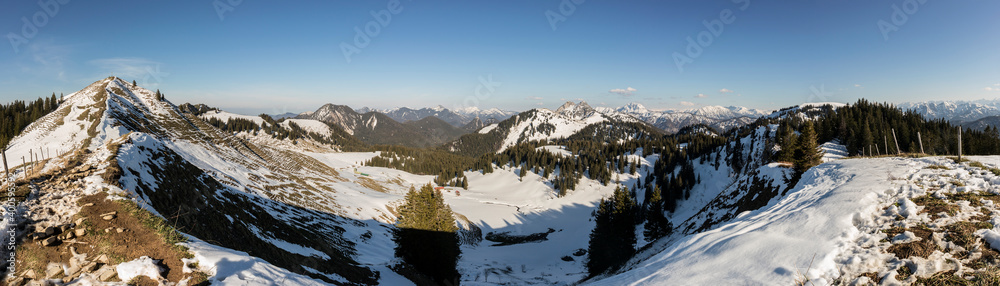 Winter mountain panorama from Seekarkreuz mountain in Bavaria, Germany