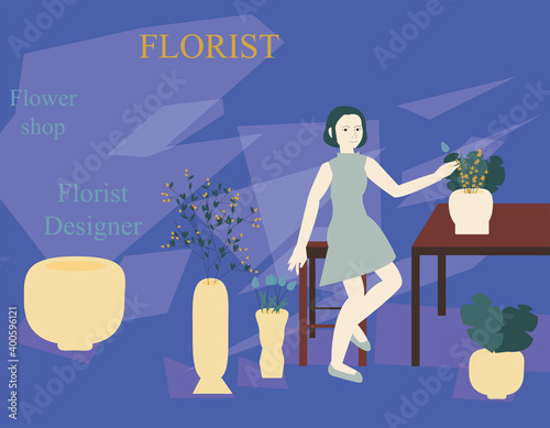 Florist web banner landing page. geometric background. trending colors. girl makes a bouquet. Master class on drawing up bouquets. Flower delivery. floristic business concept. vector illustrationin 