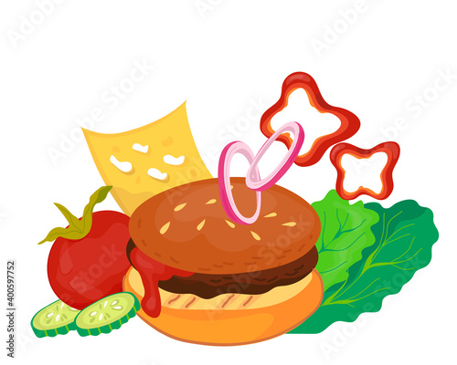 Burger or hamburger colorful image with vegetables and slice of cheese, flat style vector illustration isolated on white background. Food ingredients for hamburger making.