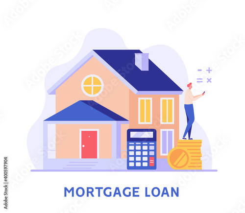 Mortgage Loan. Man Calculating Mortgage Rates and Buying House with Loan. Concept of Mortgage Payment, Real Estate Property, Home for Sale. Vector illustration for Web Design
