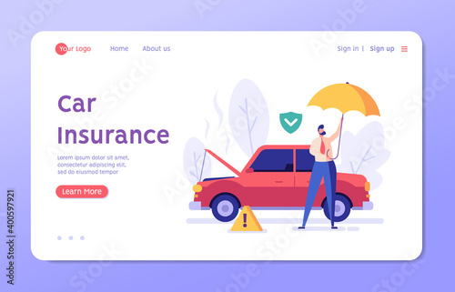 Car Insurance Vector illustration. Man with Umbrella Standing beside Broken Car with Car Insurance. Concept of Car Insurance Services, Protection Property, Road Accident for Web Design, UI, Banners
