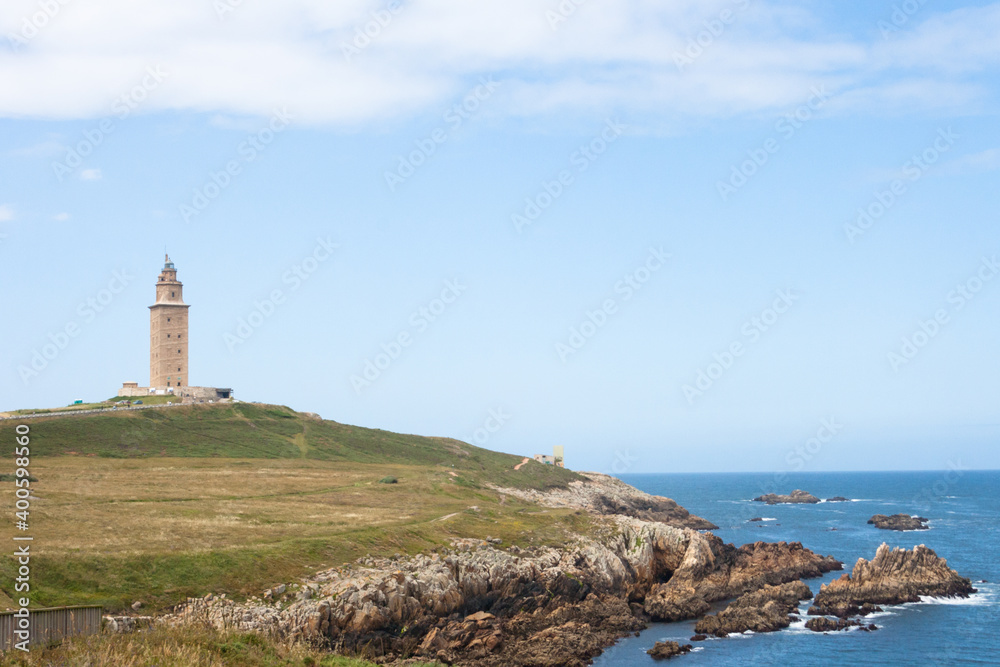 Lighthouse in the top of Hercules tower, La Coruña, Galicia, Spain.