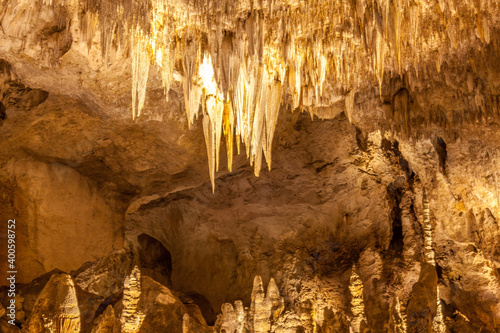 Quadro su tela View in the caves at Carlsbad Caverns National Park, New Mexico, a well-known national park famous for its limestone caves, rock formations & hiking trails